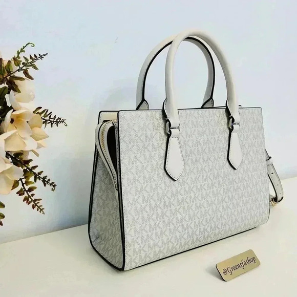 Michael Kors Purse & Wallet Sheila Medium Signature & Metallic Satchel Pale Gold - Picture 10 of 12